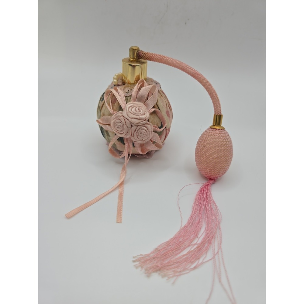 Vintage Style Fabric Wrapped Perfume Atomizer Bottle Floral Ribbon Rose Tassel